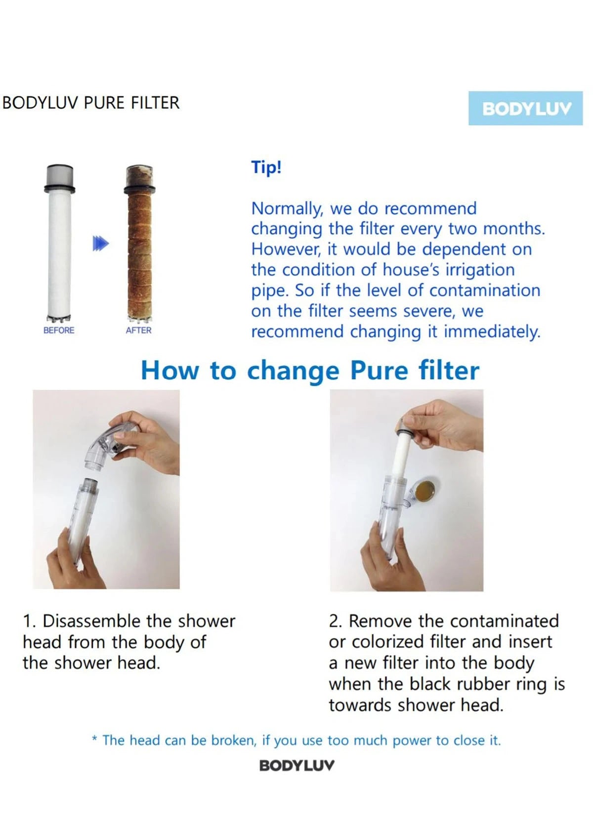 Instruction manual page for BODYLUV Pure Filter showing how to change the filter, with step-by-step text and two small photos of hands disassembling and replacing the filter.